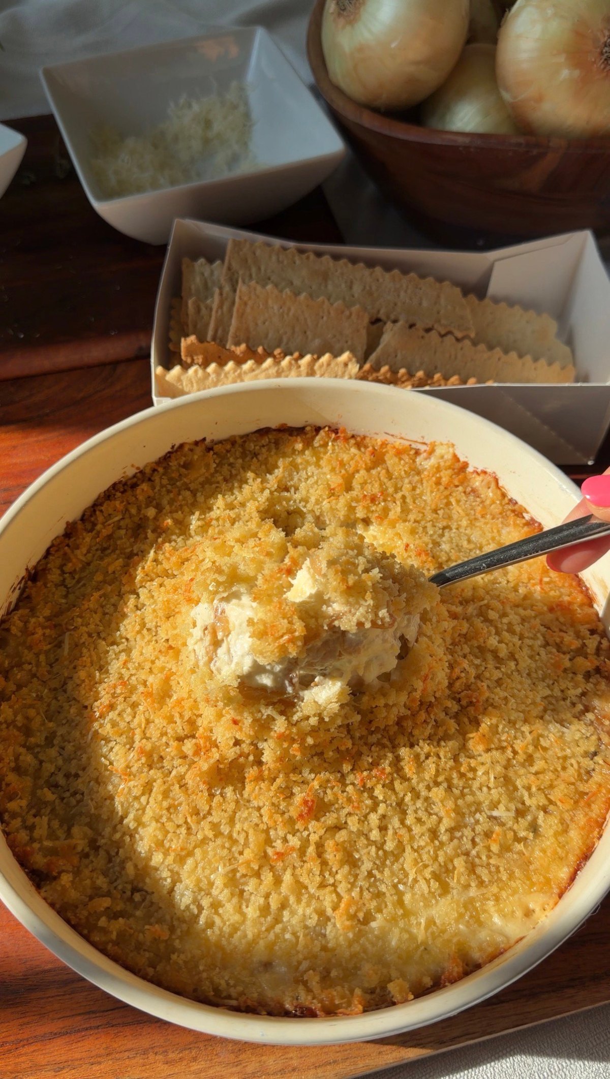 Caramelized French Onion Dip with Crispy Panko Parmesan Topping