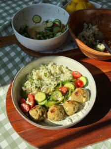 Greek Turkey Meatballs with Cucumber Feta Tomato Salad and Greek Rice