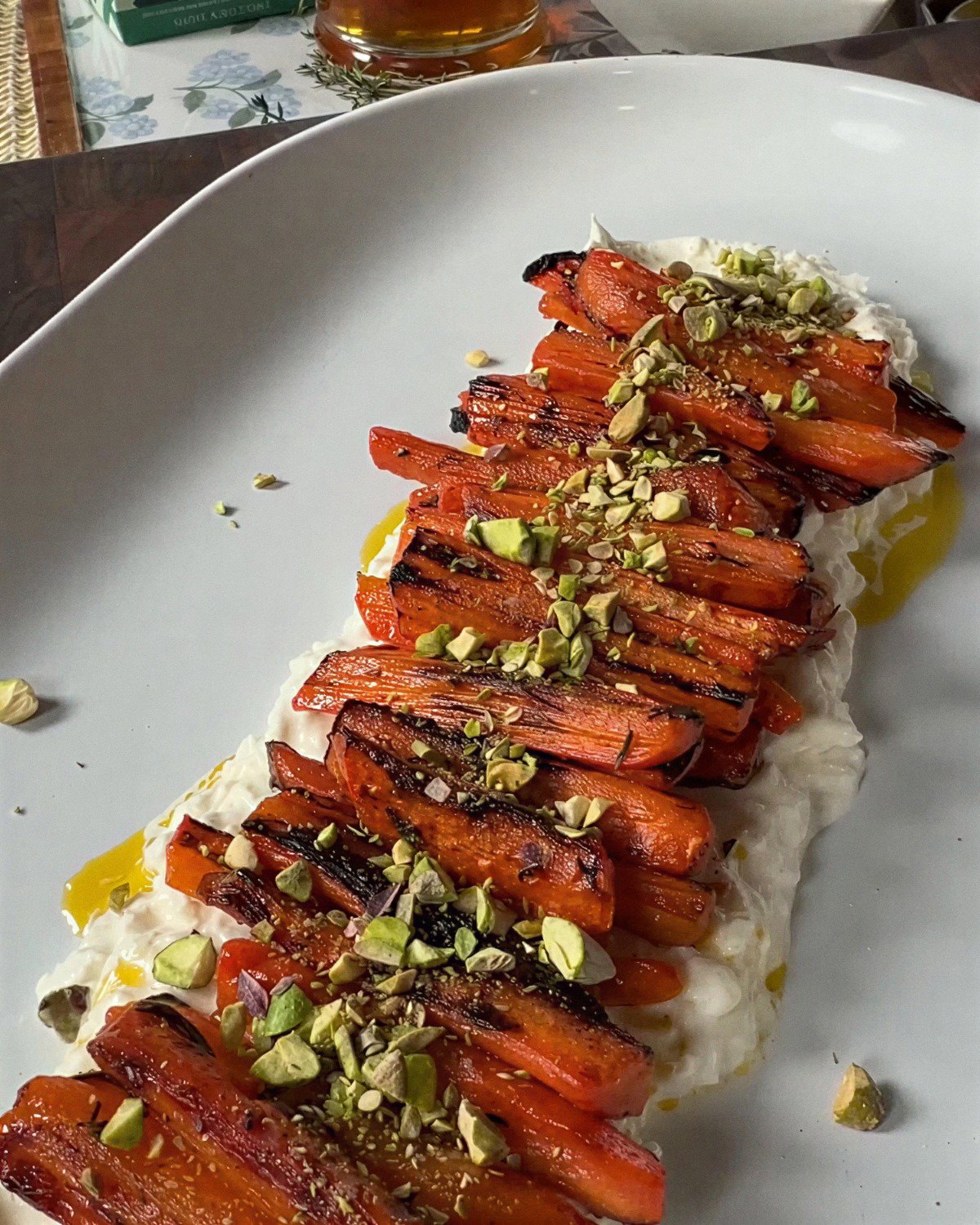 Honey Roasted Carrots over Burrata with Pistachios
