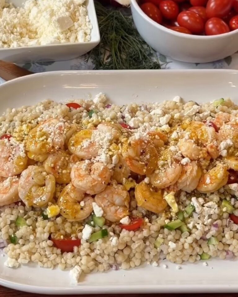 Mediterranean Pearl Couscous Salad with Lemon Garlic Shrimp