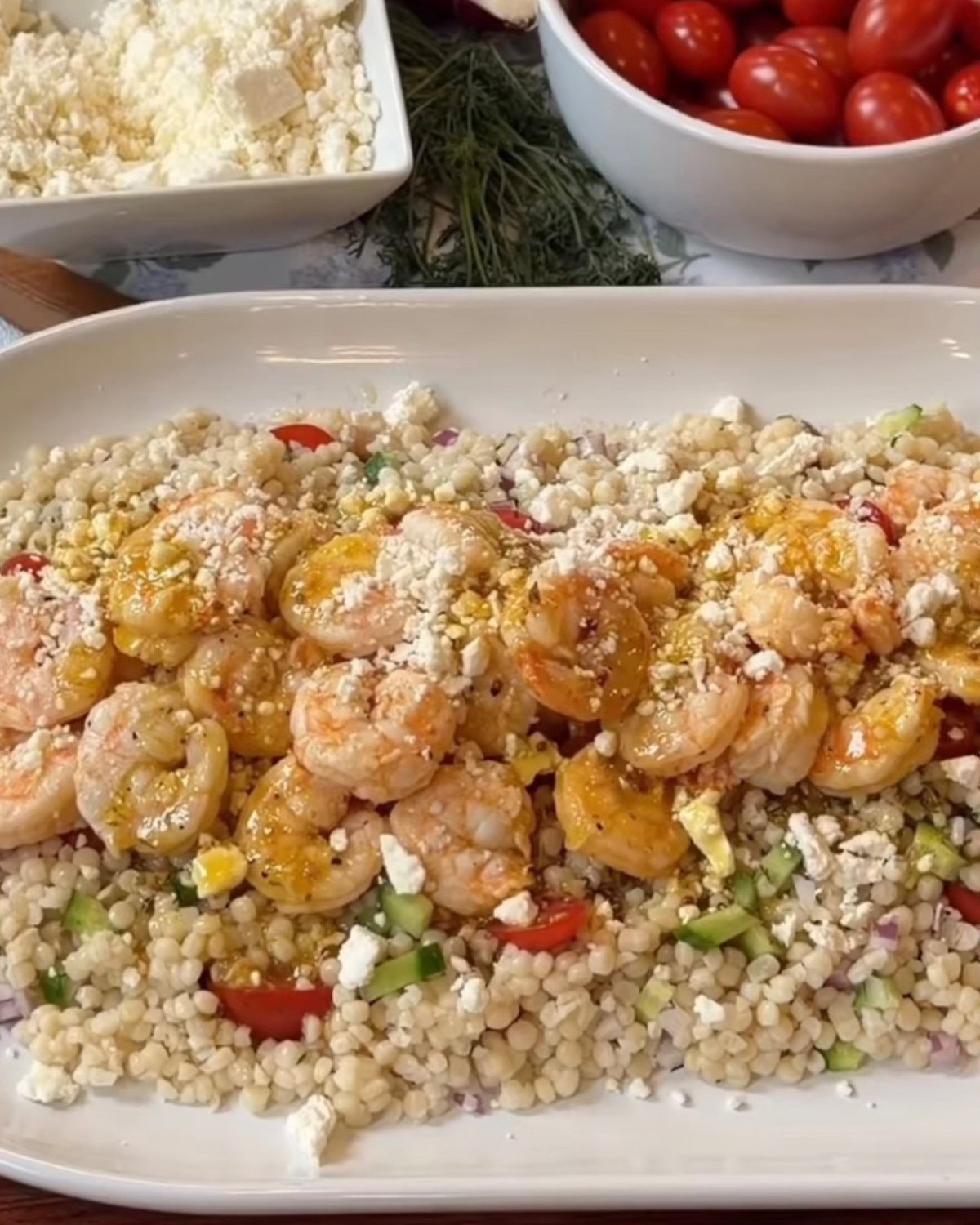 Mediterranean Pearl Couscous Salad with Lemon Garlic Shrimp