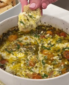 Roasted Tomato Burrata Dip with Garlic Bread Crostini