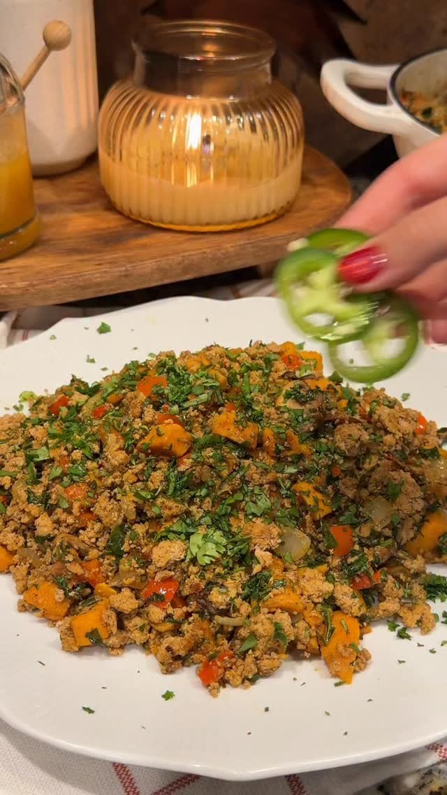 Turkey & Sweet Potato Hash topped with Hot Honey Dijon Vinaigrette
