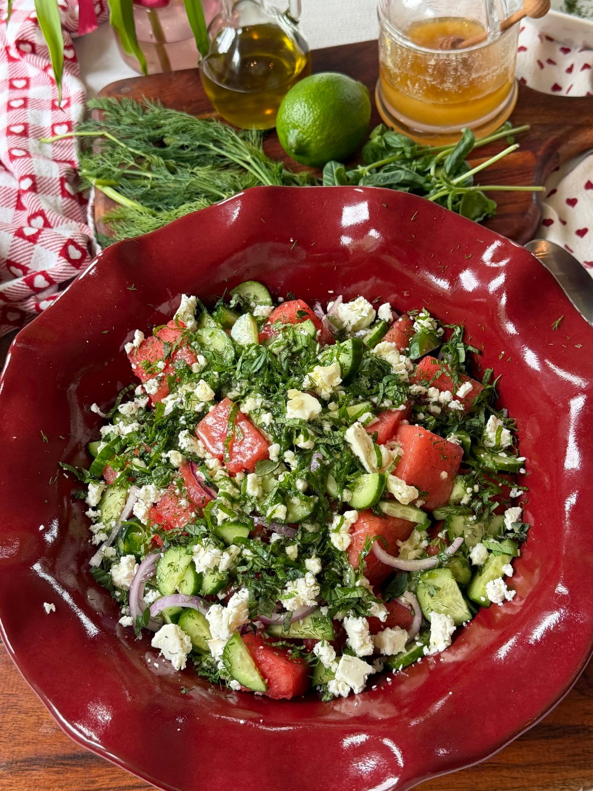 Watermelon Cucumber Feta Salad with Honey-Lime Vinaigrette